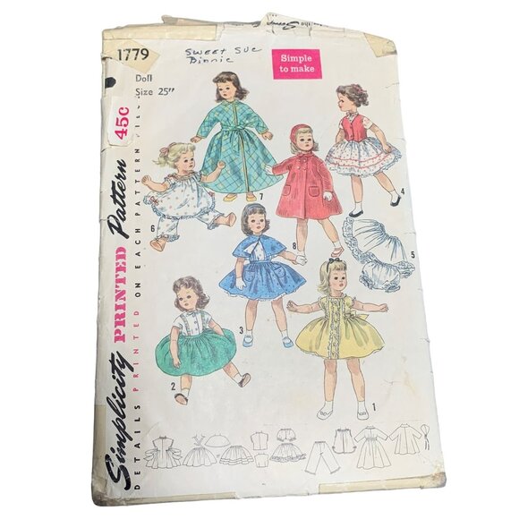 Vintage Simplicity 1779 Doll Clothes Sewing Pattern Sweet Sue Doll Size 25" 1950 - Picture 1 of 2